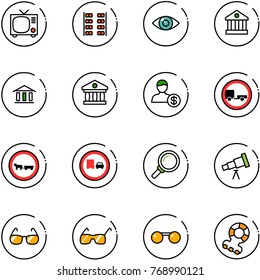 line vector icon set - tv vector, plane seats, eye, bank, account, no trailer road sign, cart horse, truck overtake, magnifier, telescope, sunglasses, teethers