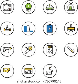 line vector icon set - tv vector, idea, electric car, news, gyroscope, water power plant, battery, milling cutter, drill machine, Angular grinder, multimeter, soldering iron, jig saw, generator