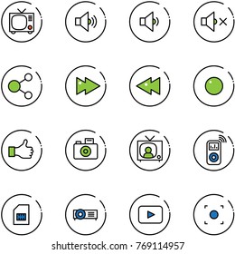 line vector icon set - tv vector, volume medium, low, off, share, fast forward, backward, record, like, camera, news, music player, sim, projector, playback, button