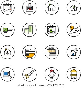 line vector icon set - tv vector, fireplace, home, key, building, news, hand, dollar, hotel, sea, wireless, monoblock pc, saw, chicken toy, block house
