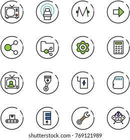 line vector icon set - tv vector, mri, monero, right arrow, share, shared folder, gear, calculator, news, piston, power bank, micro flash card, conveyor, server, wrench, ufo toy