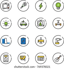 line vector icon set - tv vector, money torch, lightning, idea, bulb, electric car, news, gyroscope, water power plant, battery, milling cutter, drill, multimeter, jig saw, generator, guitar