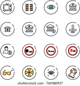 line vector icon set - tv vector, plane seats, eye, bank, account, no trailer road sign, cart horse, truck overtake, sunglasses, parasol, scanner, teethers