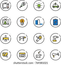 line vector icon set - tv vector, money torch, bulb, electric car, news, business idea, water power plant, battery, milling cutter, drill machine, Angular grinder, jig saw, generator, welding, dryer
