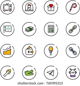 line vector icon set - tv vector, officer window, gift, lollipop, first aid room, dollar, calculator, link, growth, finance management, ice cream, tile drill, crocodile, paper plane, toy monster