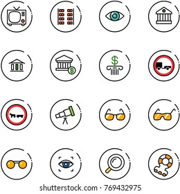 line vector icon set - tv vector, plane seats, eye, bank, account, no trailer road sign, cart horse, telescope, sunglasses, scanner, magnifier, teethers