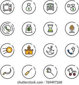 line vector icon set - tv vector, money bag, chest, encashment, phone horn, sand clock, microphone, first satellite, fort, anchor, sickle, awl, horse stick toy, wheel