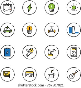 line vector icon set - tv vector, lightning, idea, bulb, electric car, business, gyroscope, water power plant, battery, Angular grinder, drill, multimeter, jig saw, generator, welding, guitar
