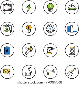 line vector icon set - tv vector, lightning, idea, electric car, news, business, sun power, water plant, battery, Angular grinder, drill, multimeter, jig saw, welding, dryer, guitar
