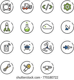 line vector icon set - tv vector, fork loader, tag code, gear, rocket, round flask, cloud, satellite antenna, remote control, fingerprint scanner, wind mill, connect, wrench, Angular grinder