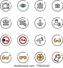 line vector icon set - tv vector, eye, bank, account, no trailer road sign, truck overtake, telescope, sunglasses, parasol, teethers