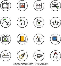 line vector icon set - tv vector, baggage room, account, home, news, doors, dollar, monoblock pc, jointer, side cutters, pipe welding, chicken toy