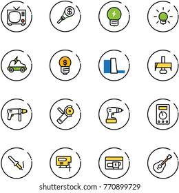 line vector icon set - tv vector, money torch, idea, bulb, electric car, business, water power plant, milling cutter, drill machine, Angular grinder, multimeter, soldering iron, jig saw, generator