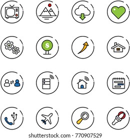 line vector icon set - tv vector, mountains, download cloud, heart, gears, money tree, growth, home, information exchange, server wireless, terms plan, phone, plane, beanbag