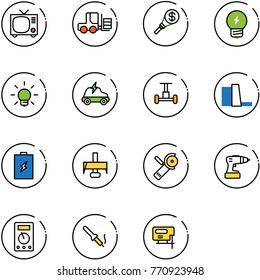 line vector icon set - tv vector, fork loader, money torch, idea, bulb, electric car, gyroscope, water power plant, battery, milling cutter, Angular grinder, drill, multimeter, soldering iron