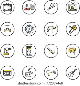 line vector icon set - tv vector, fork loader, money torch, news, gyroscope, sun power, drill machine, Angular grinder, multimeter, soldering iron, jig saw, generator, welding, dryer, guitar