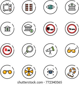 line vector icon set - tv vector, plane seats, eye, bank, account, no trailer road sign, cart horse, truck overtake, magnifier, telescope, sunglasses, parasol, scanner, teethers