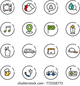 line vector icon set - tv vector, gloves, merry christmas message, blood test, music, map pin, ipo, award, victory, limousine, swimsuit, cap, beer, phone, toy car, radio