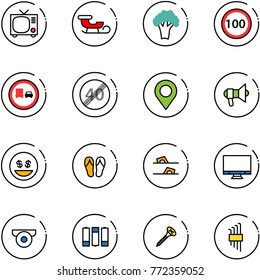 line vector icon set - tv vector, sleigh, broccoli, speed limit 100 road sign, no truck overtake, end, map pin, megaphone, money smile, flip flops, monitor, surveillance camera, battery, screw