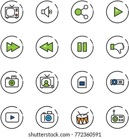 line vector icon set - tv vector, low volume, share, play, fast forward, backward, pause, dislike, camera, news, sim, projector, playback, drum, radio