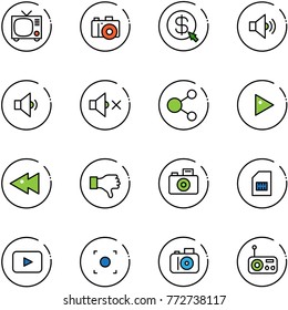 Line Vector Icon Set - Tv Vector, Camera, Money Click, Volume Medium, Low, Off, Share, Play, Fast Backward, Dislike, Sim, Playback, Record Button, Radio