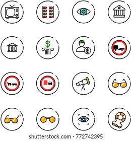 line vector icon set - tv vector, plane seats, eye, bank, account, no trailer road sign, cart horse, truck overtake, telescope, sunglasses, scanner, teethers
