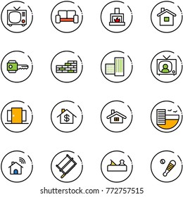 line vector icon set - tv vector, vip waiting area, fireplace, home, key, brick wall, building, news, doors, dollar, hotel, wireless, bucksaw, jointer, baseball bat