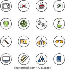 line vector icon set - tv vector, bow, house, credit card, shield, target, gears, round flask, rock axe, money, dollar growth, sunglasses, monitor, trowel, billiards balls, abc book