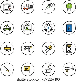 line vector icon set - tv vector, fork loader, money torch, idea, electric car, news, sun power, battery, milling cutter, drill machine, Angular grinder, multimeter, soldering iron, jig saw, welding