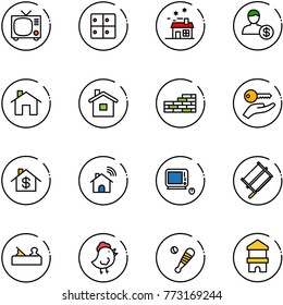 line vector icon set - tv vector, baggage room, house, account, home, brick wall, key hand, dollar, wireless, monoblock pc, bucksaw, jointer, chicken toy, baseball bat, block