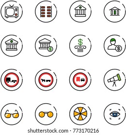 line vector icon set - tv vector, plane seats, bank, account, no trailer road sign, cart horse, truck overtake, telescope, sunglasses, parasol, eye scanner