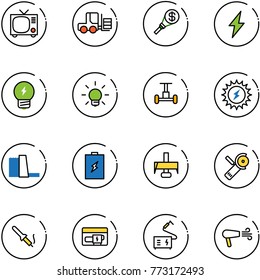 line vector icon set - tv vector, fork loader, money torch, lightning, idea, bulb, gyroscope, sun power, water plant, battery, milling cutter, Angular grinder, soldering iron, generator, welding