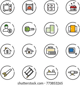 line vector icon set - tv vector, baggage room, house, account, key, building, doors, home dollar, sea hotel, monoblock pc, saw, bucksaw, jointer, pipe welding