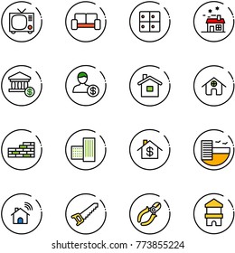 line vector icon set - tv vector, vip waiting area, baggage room, house, account, home, brick wall, building, dollar, hotel, wireless, saw, side cutters, toy block