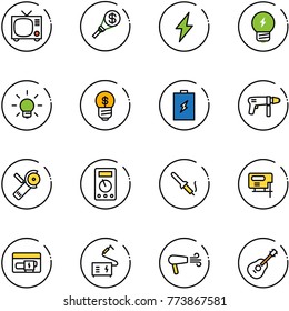 line vector icon set - tv vector, money torch, lightning, idea, bulb, business, battery, drill machine, Angular grinder, multimeter, soldering iron, jig saw, generator, welding, dryer, guitar