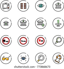 line vector icon set - tv vector, plane seats, eye, bank, account, no trailer road sign, cart horse, truck overtake, magnifier, sunglasses, scanner, teethers