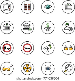 line vector icon set - tv vector, plane seats, eye, bank, account, no trailer road sign, cart horse, telescope, sunglasses, parasol, scanner, magnifier