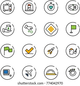 line vector icon set - tv vector, officer window, stopwatch heart, euro dollar, investment, main road sign, flag, check, rocket, bucket scoop, monoblock pc, plane, construction helmet, beanbag