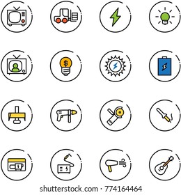 line vector icon set - tv vector, fork loader, lightning, bulb, news, business idea, sun power, battery, milling cutter, drill machine, Angular grinder, soldering iron, generator, welding, dryer