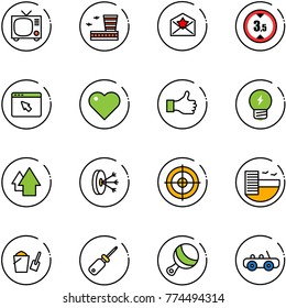 line vector icon set - tv vector, airport building, star letter, limited height road sign, cursor browser, heart, like, idea, arrow up, solution, target, hotel, bucket scoop, screwdriver, beanbag