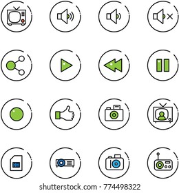 Line Vector Icon Set - Tv Vector, Volume Medium, Low, Off, Share, Play, Fast Backward, Pause, Record, Camera, News, Sim, Projector, Radio