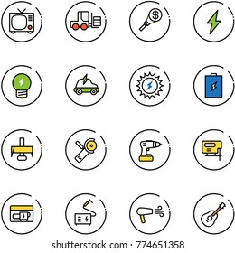 line vector icon set - tv vector, fork loader, money torch, lightning, idea, electric car, sun power, battery, milling cutter, Angular grinder, drill, jig saw, generator, welding, dryer, guitar