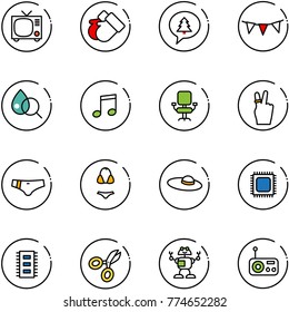 line vector icon set - tv vector, gloves, merry christmas message, flag garland, blood test, music, office chair, victory, swimsuit, woman hat, cpu, chip, scissors, robot, radio