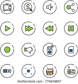 line vector icon set - tv vector, money click, low volume, share, play, fast forward, backward, pause, record, dislike, music player, sim, projector, button, drum, radio