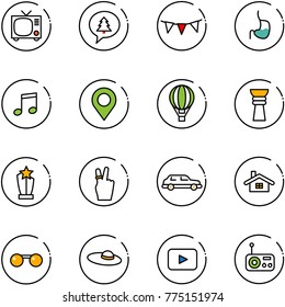 line vector icon set - tv vector, merry christmas message, flag garland, stomach, music, map pin, air balloon, award, victory, limousine, home, sunglasses, woman hat, playback, radio