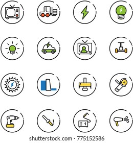 line vector icon set - tv vector, fork loader, lightning, idea, bulb, electric car, news, gyroscope, sun power, water plant, milling cutter, Angular grinder, drill, soldering iron, welding, dryer