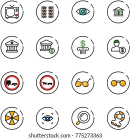 line vector icon set - tv vector, plane seats, eye, bank, account, no trailer road sign, cart horse, sunglasses, parasol, scanner, magnifier, teethers