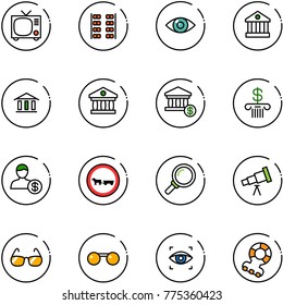 line vector icon set - tv vector, plane seats, eye, bank, account, no cart horse road sign, magnifier, telescope, sunglasses, scanner, teethers