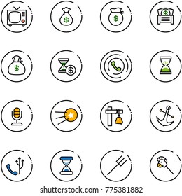 line vector icon set - tv vector, money bag, chest, account history, phone horn, sand clock, microphone, first satellite, ship bell, anchor, farm fork, horse stick toy