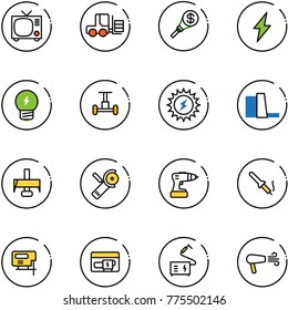 line vector icon set - tv vector, fork loader, money torch, lightning, idea, gyroscope, sun power, water plant, milling cutter, Angular grinder, drill, soldering iron, jig saw, generator, welding